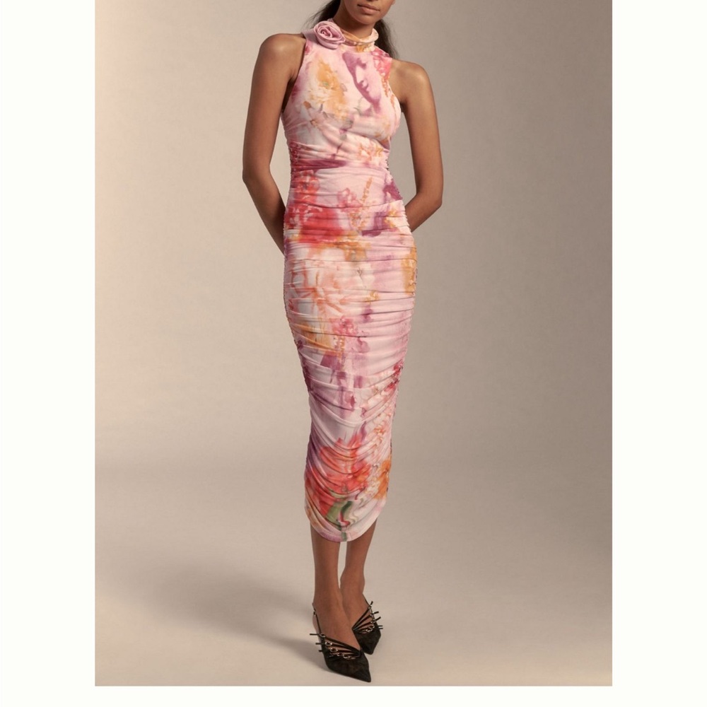 AFRM Pink and Orange Ruched Pencil Dress